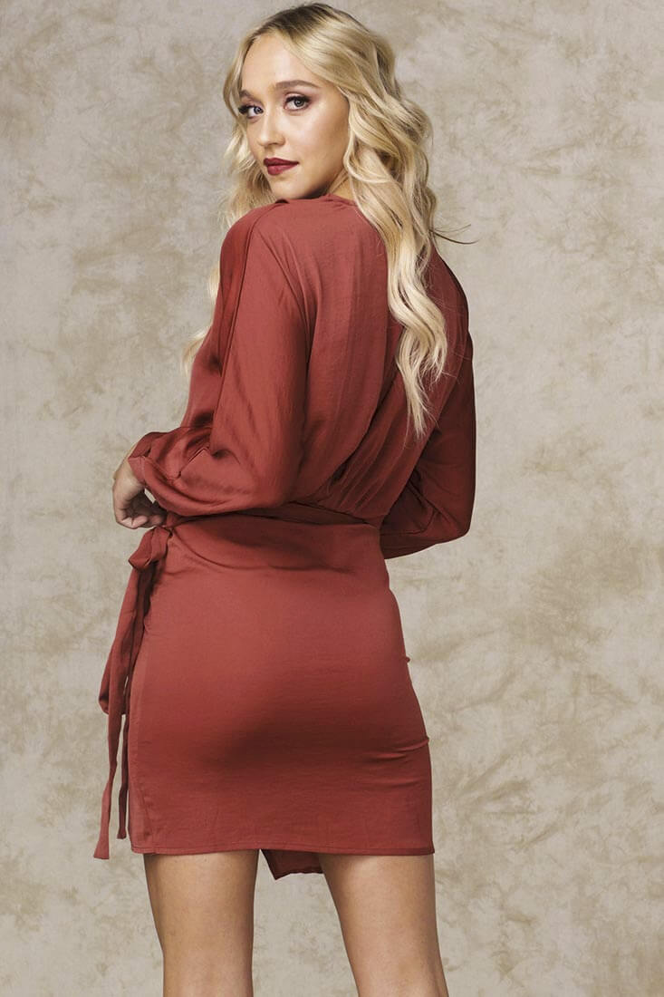 Raleigh Deep V Long Sleeve Wrap Dress Rust by Selfie Leslie