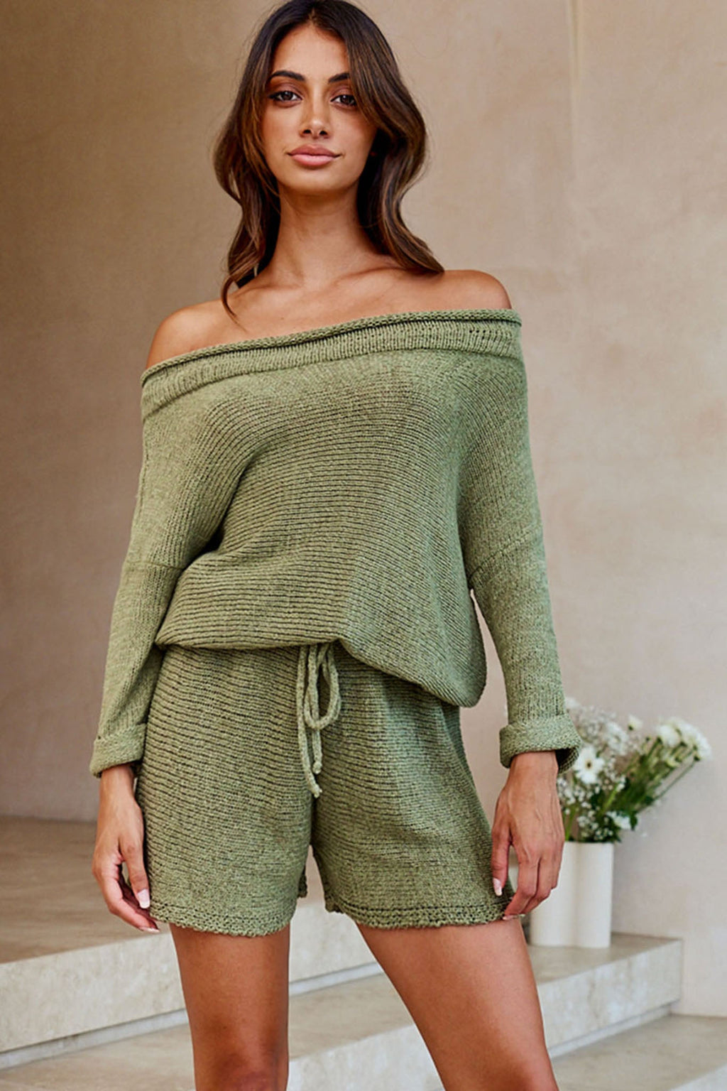 Amris Off-Shoulder Long Sleeve Knit Romper Khaki by Selfie Leslie