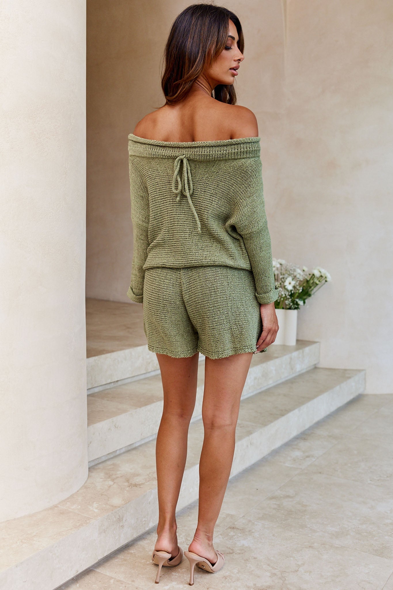 Amris Off-Shoulder Long Sleeve Knit Romper Khaki by Selfie Leslie