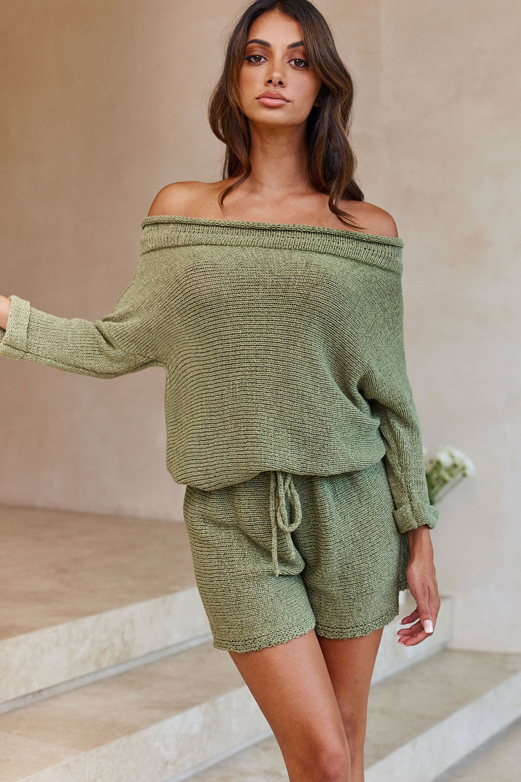 Amris Off-Shoulder Long Sleeve Knit Romper Khaki by Selfie Leslie