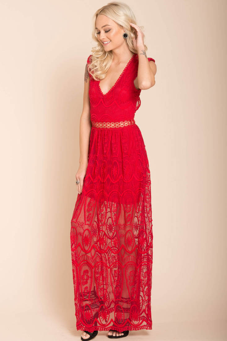 London Bohemian Glamour Maxi Dress Red by Selfie Leslie