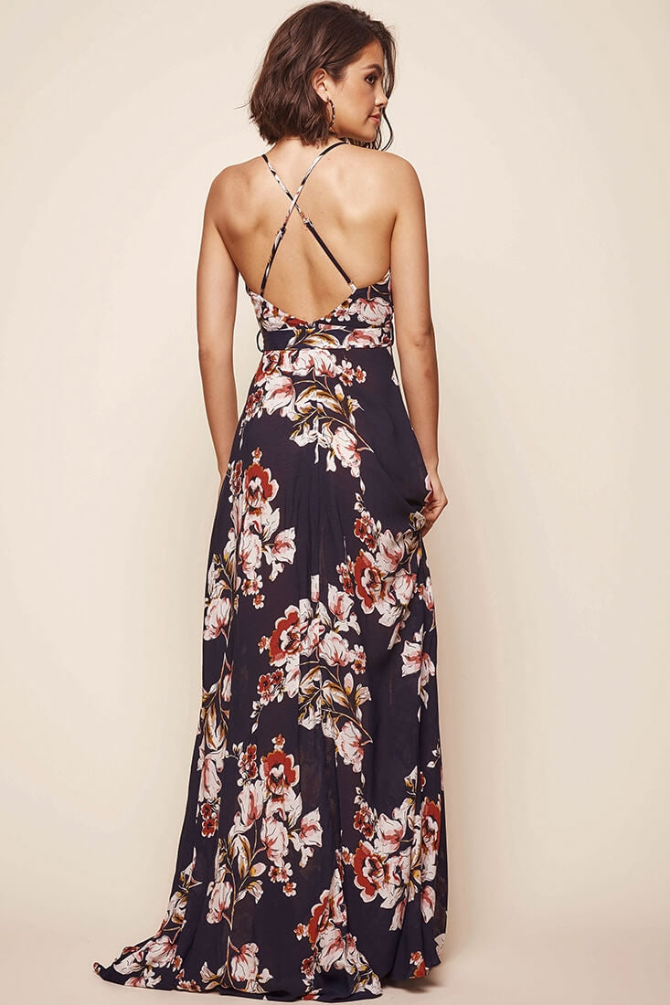 Calabasas Floral Waist Tie Maxi Dress Navy by Selfie Leslie