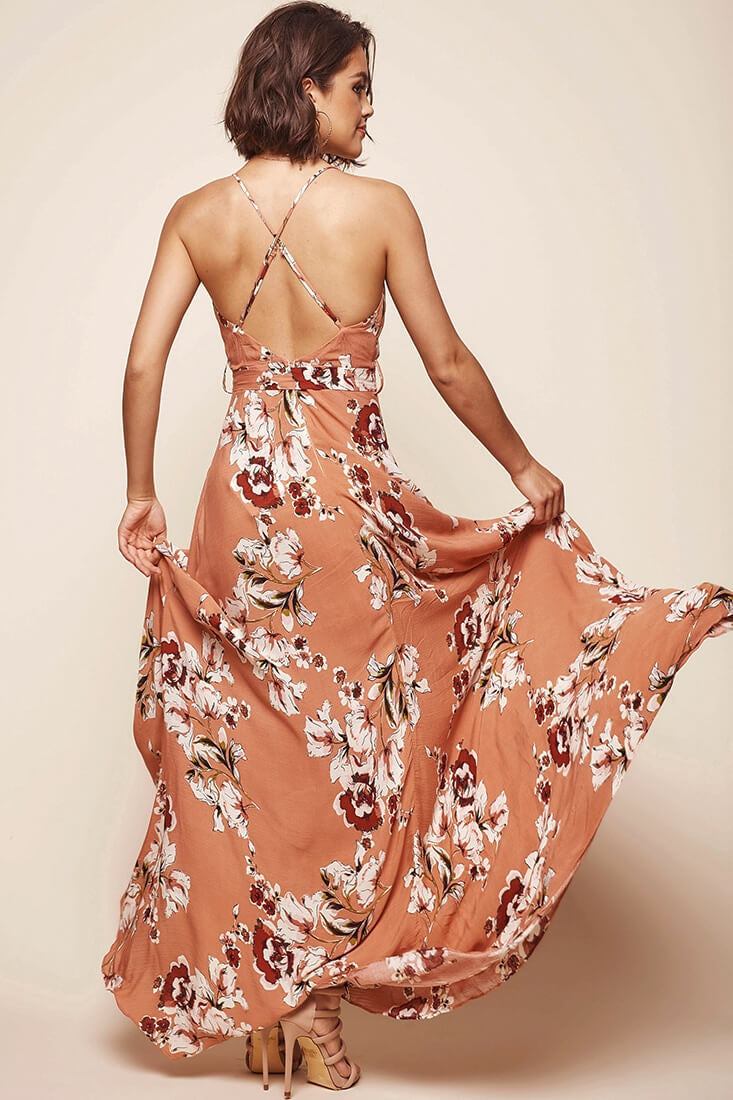 Calabasas Floral Waist Tie Maxi Dress Rose by Selfie Leslie