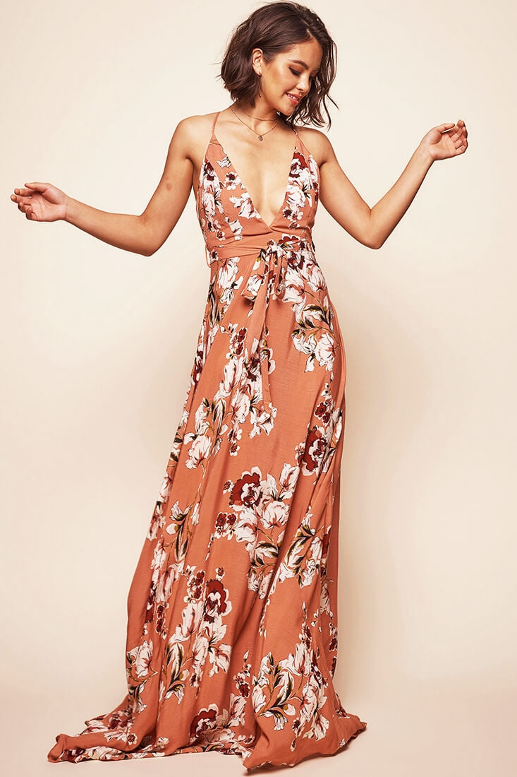 Calabasas Floral Waist Tie Maxi Dress Rose by Selfie Leslie
