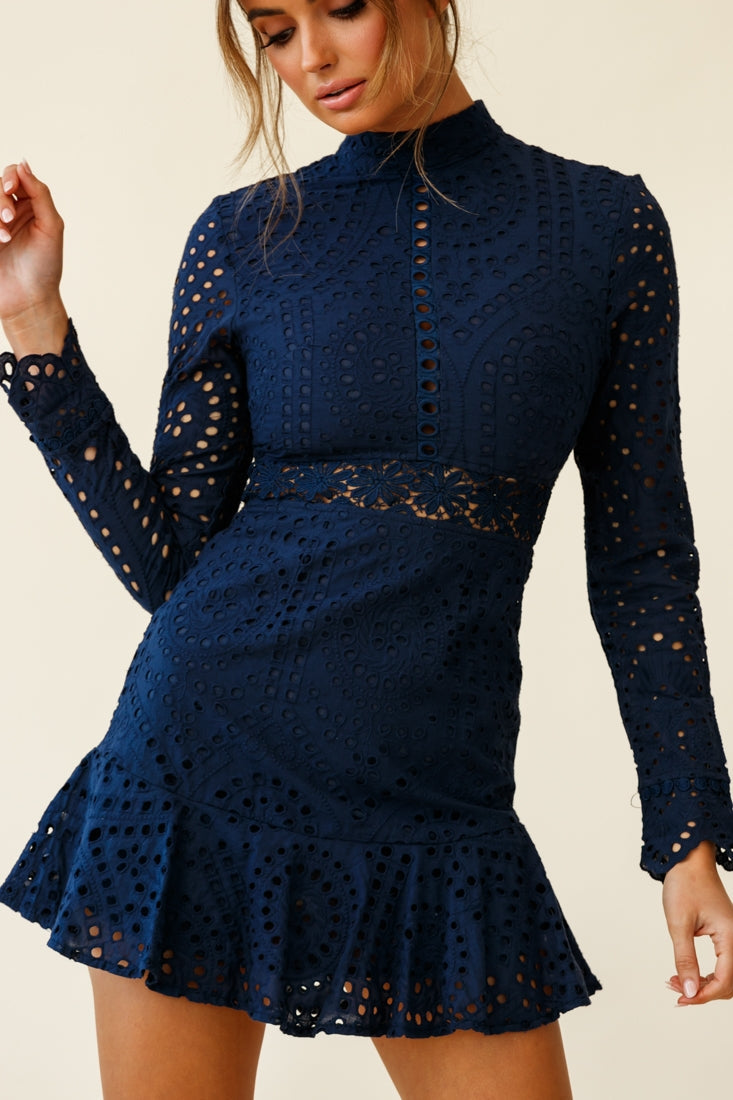 Anglaise Embroidered Long Sleeve Turtleneck Dress Navy by Selfie Leslie