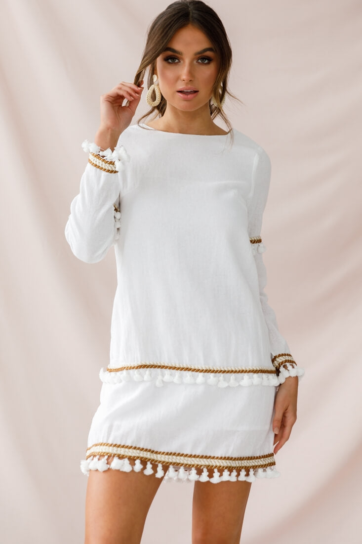 Leticia Tassel Trim Shift Dress White by Selfie Leslie