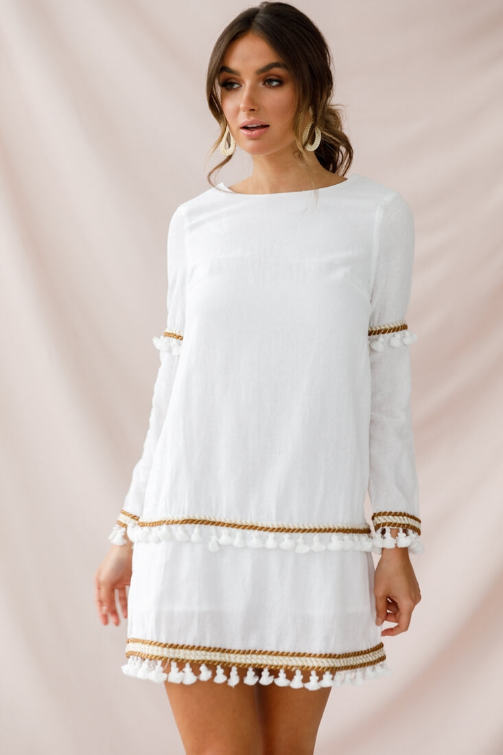 Leticia Tassel Trim Shift Dress White by Selfie Leslie