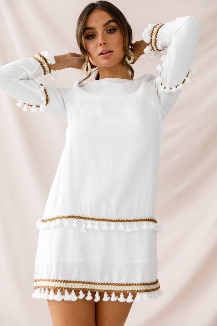 Leticia Tassel Trim Shift Dress White by Selfie Leslie