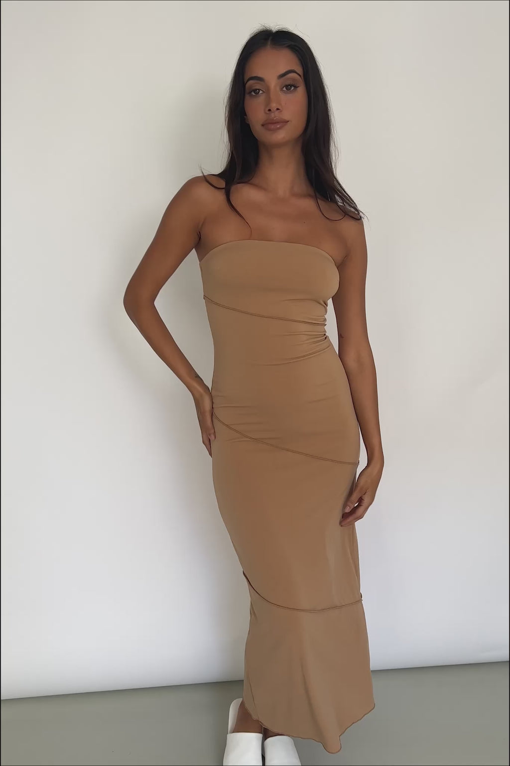 Making Headlines Strapless Midi Dress Camel