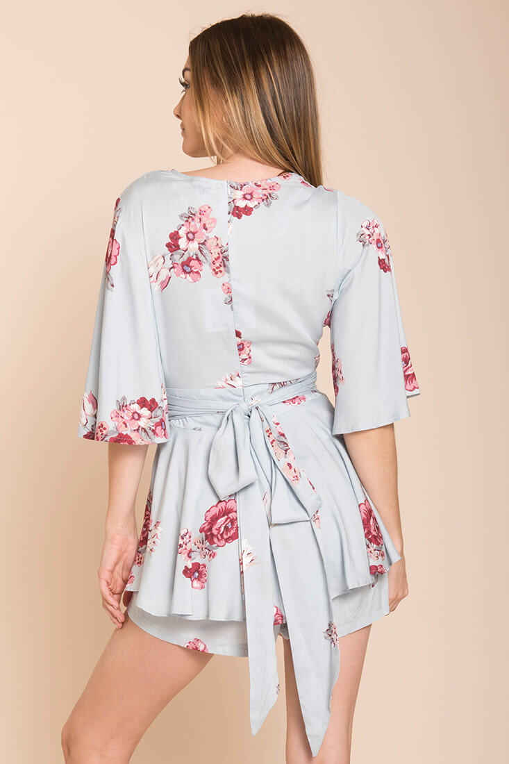 Rosalynn Bow Tie Floral Romper Blue by Selfie Leslie