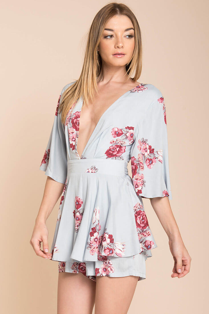 Rosalynn Bow Tie Floral Romper Blue by Selfie Leslie