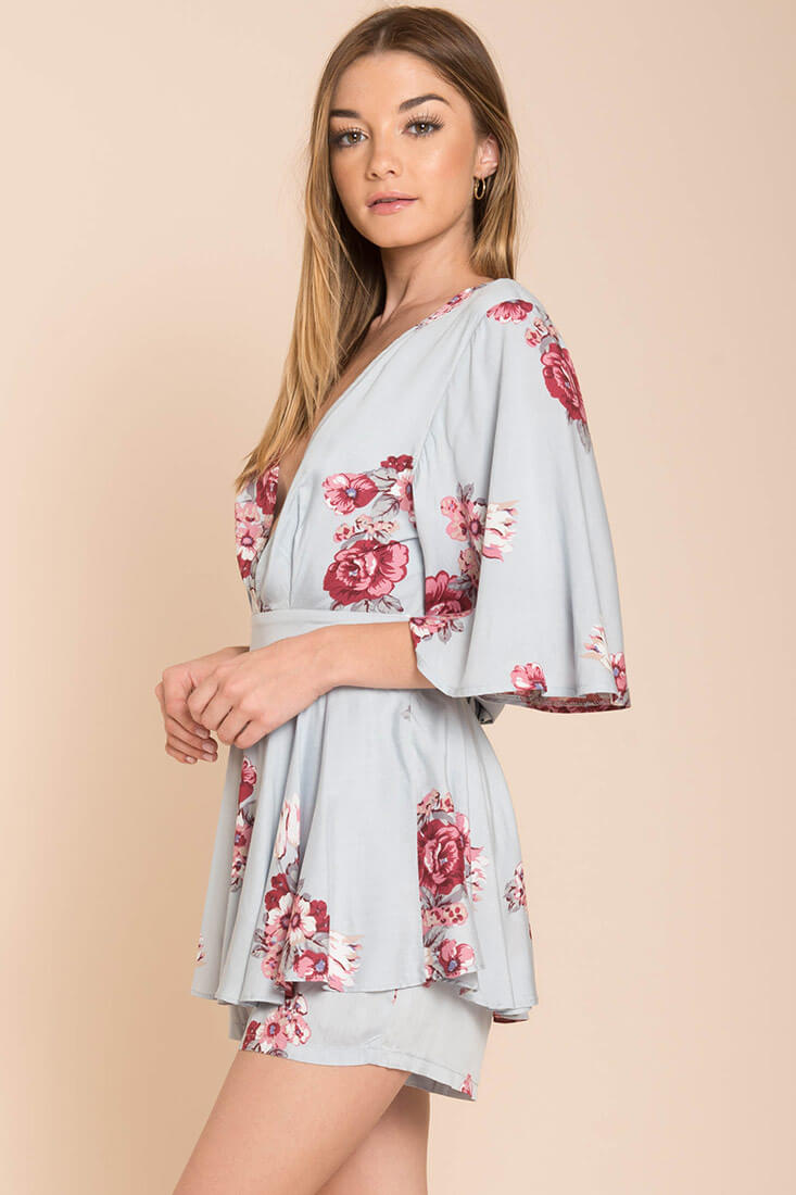 Rosalynn Bow Tie Floral Romper Blue by Selfie Leslie