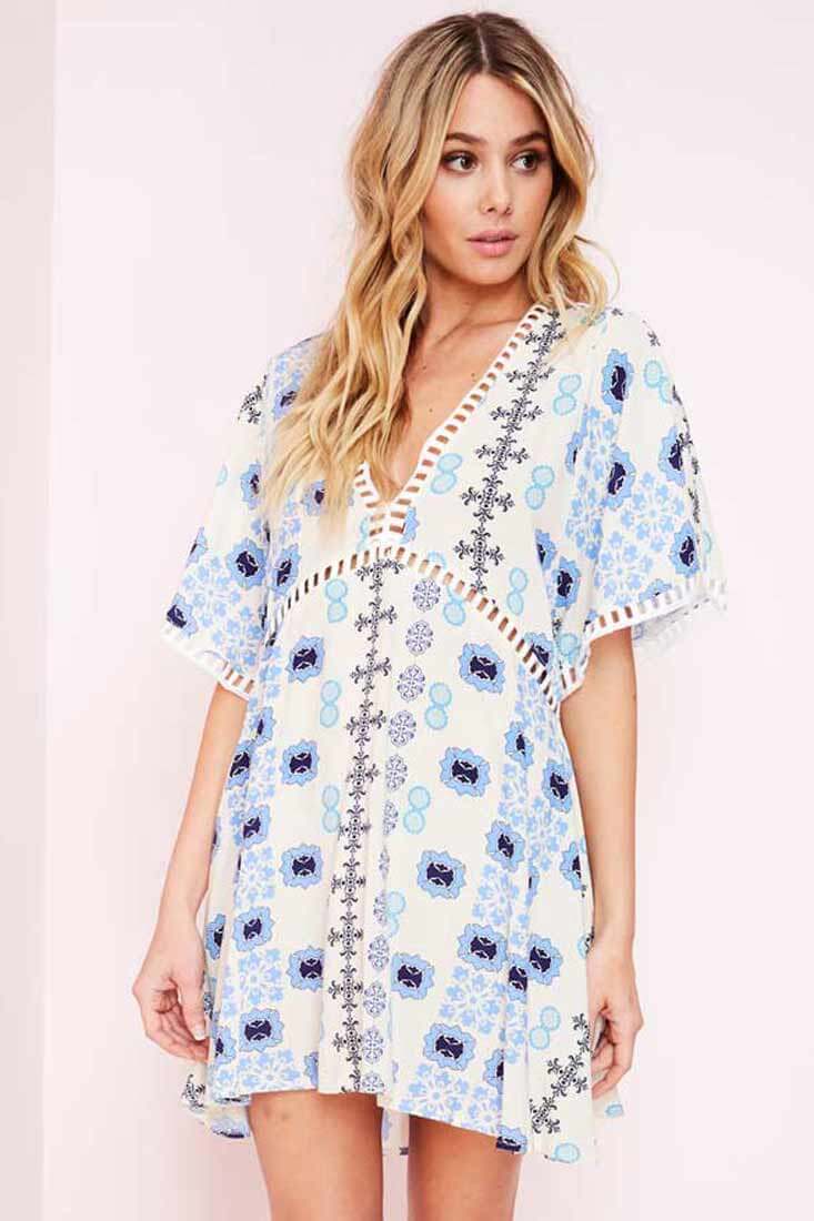 Yaritza Eyelit Mixed Print Dress Blue by Selfie Leslie