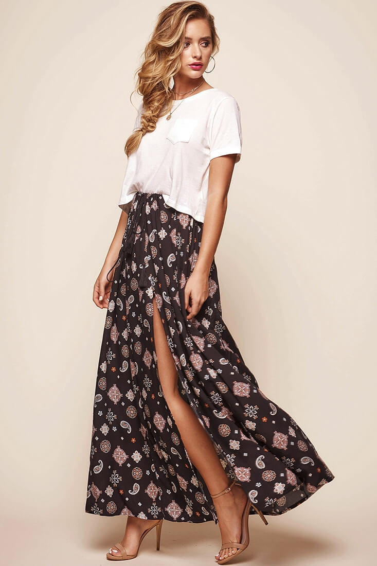 Paisley Split Maxi Skirt Black by Selfie Leslie