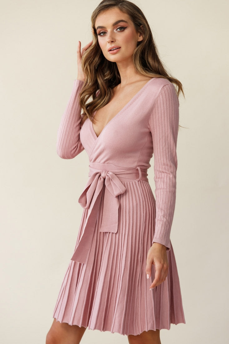 Marlena Long Sleeve Pleated Skirt Knit Dress Blush by Selfie Leslie