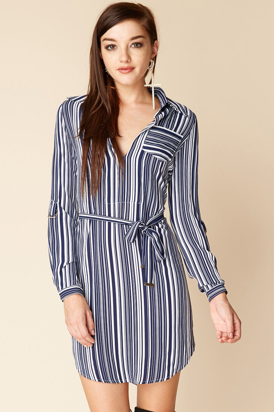 Mia Belted Shirt Dress Navy / White by Selfie Leslie