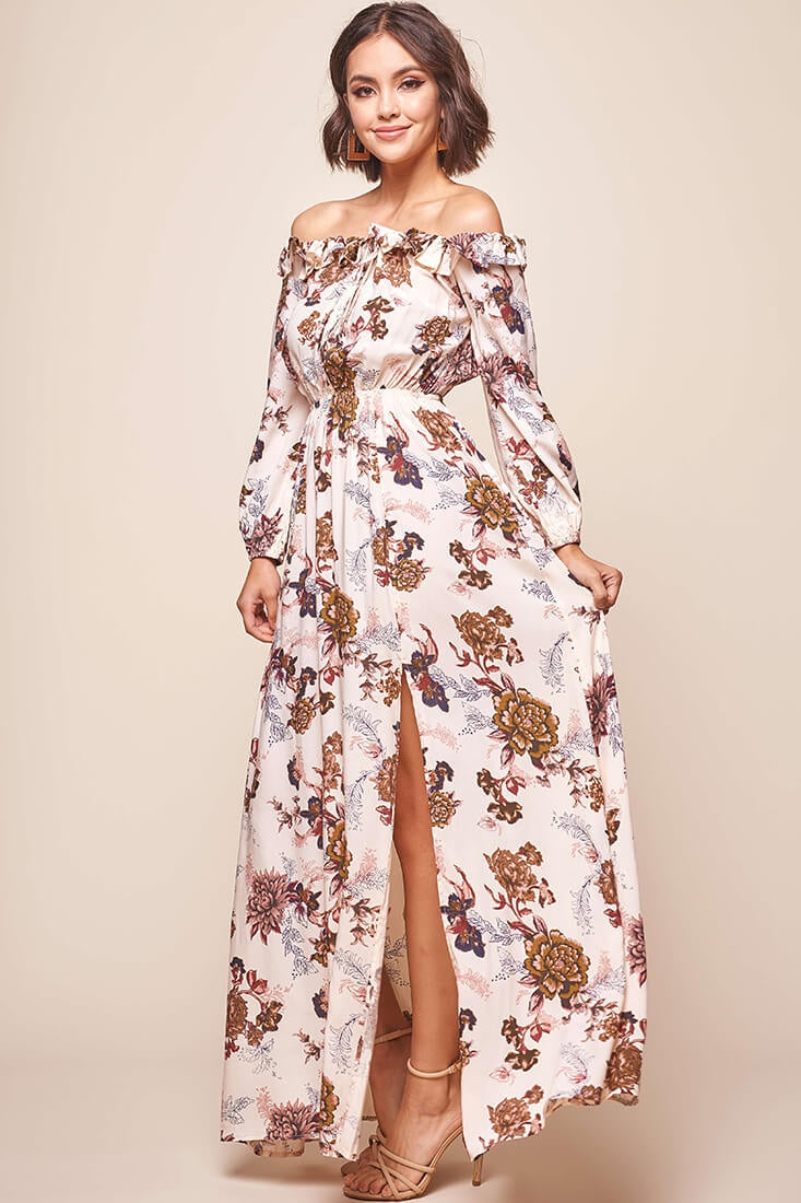 Tatiana Bardot Frill Neckline Maxi Dress Mocha by Selfie Leslie