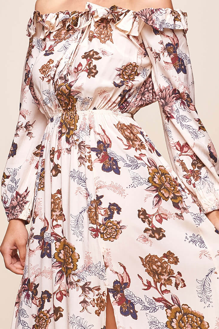 Tatiana Bardot Frill Neckline Maxi Dress Mocha by Selfie Leslie