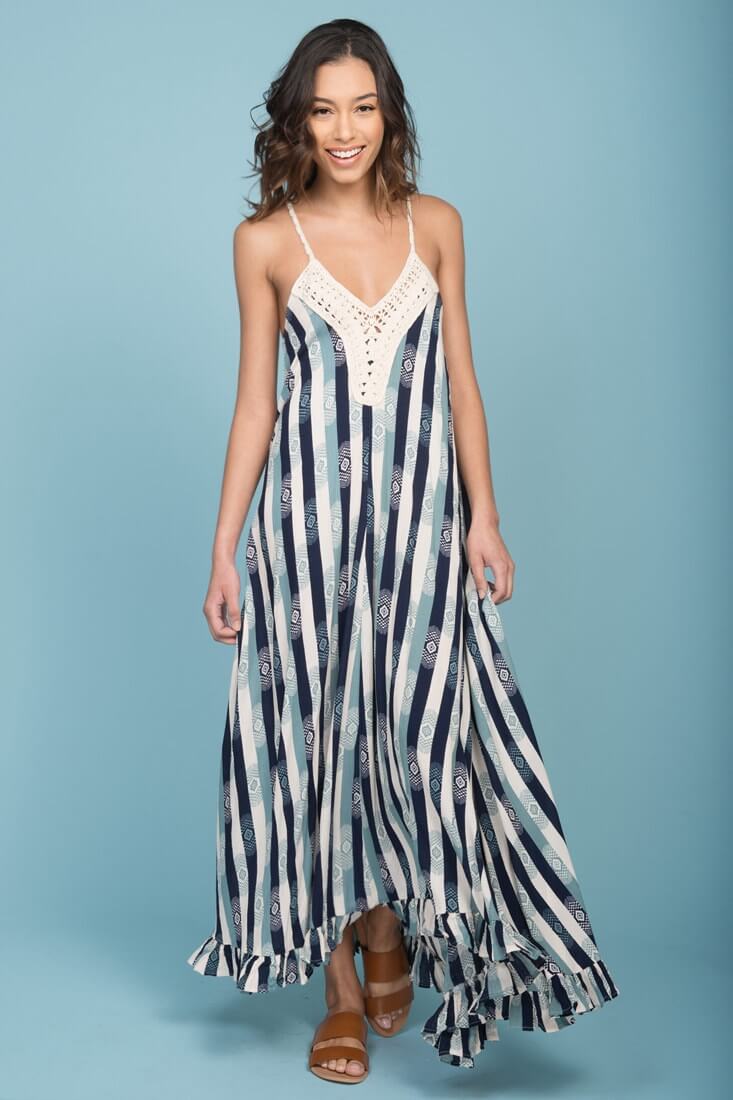 Tristan Striped Crochet Detail Maxi Dress Navy & Beige by Selfie Leslie