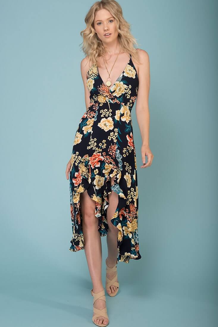 Adalynn Hi Low Deep V Floral Midi Dress by Selfie Leslie