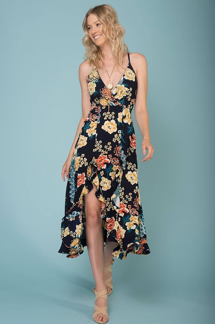 Adalynn Hi Low Deep V Floral Midi Dress by Selfie Leslie