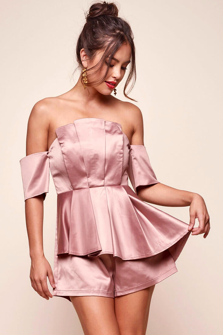 Aly Off the Shoulder Satin Romper Mocha by Selfie Leslie