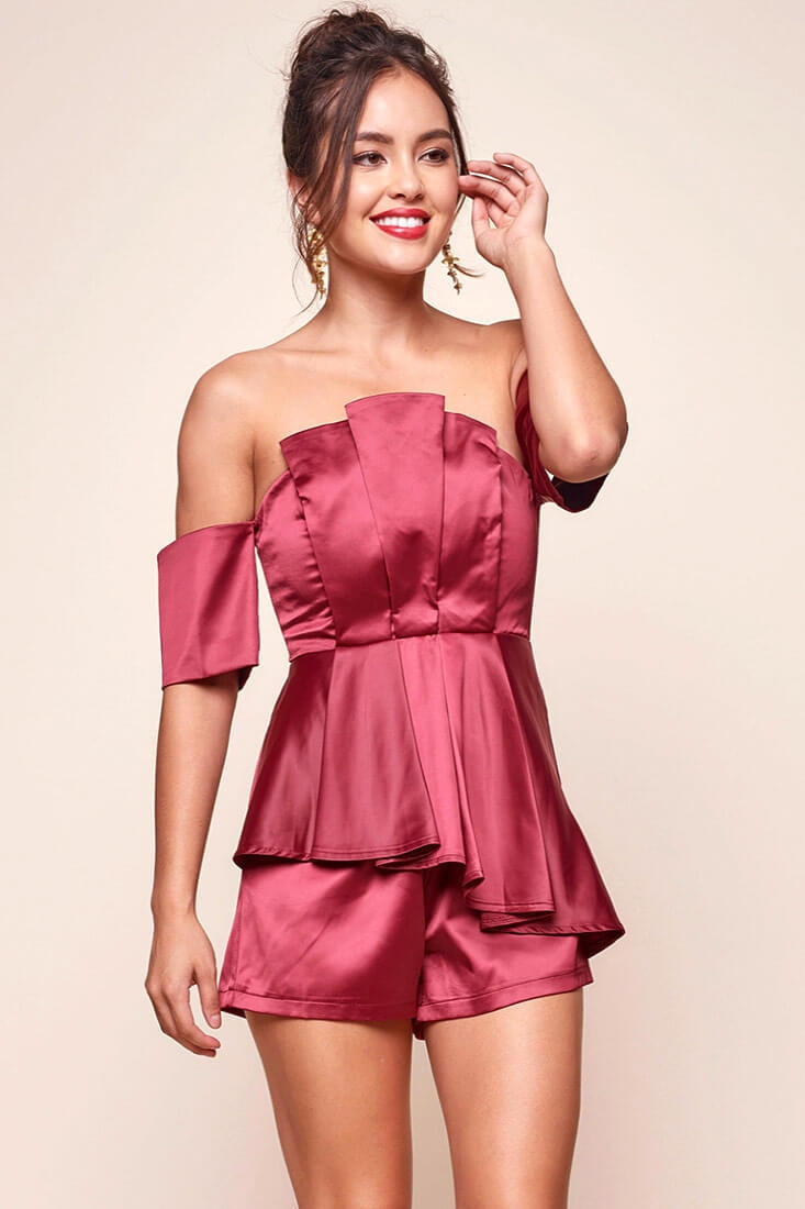Aly Off the Shoulder Dressy Satin Romper Red Wine by Selfie Leslie