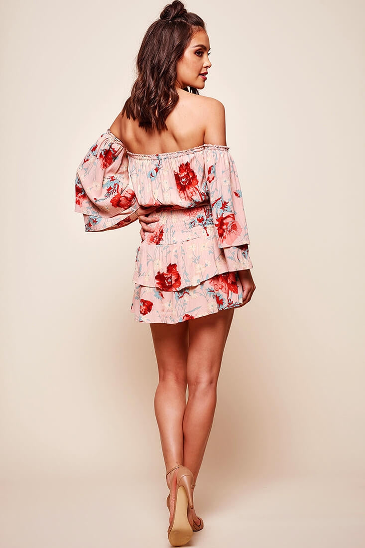Emory Off Shoulder Shirred Waist Dress Pink by Selfie Leslie