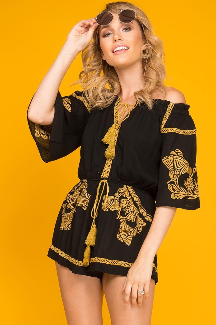Gabriella Embroidered Tassel Romper Black by Selfie Leslie