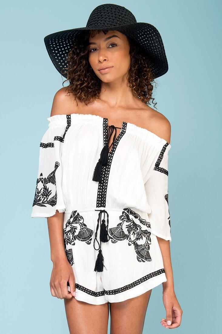 Gabriella Embroidered Tassel Romper White by Selfie Leslie