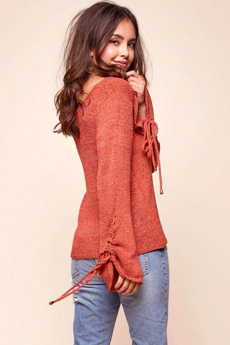 Cairo Knitted Long Tie Sleeved Top Rust by Selfie Leslie