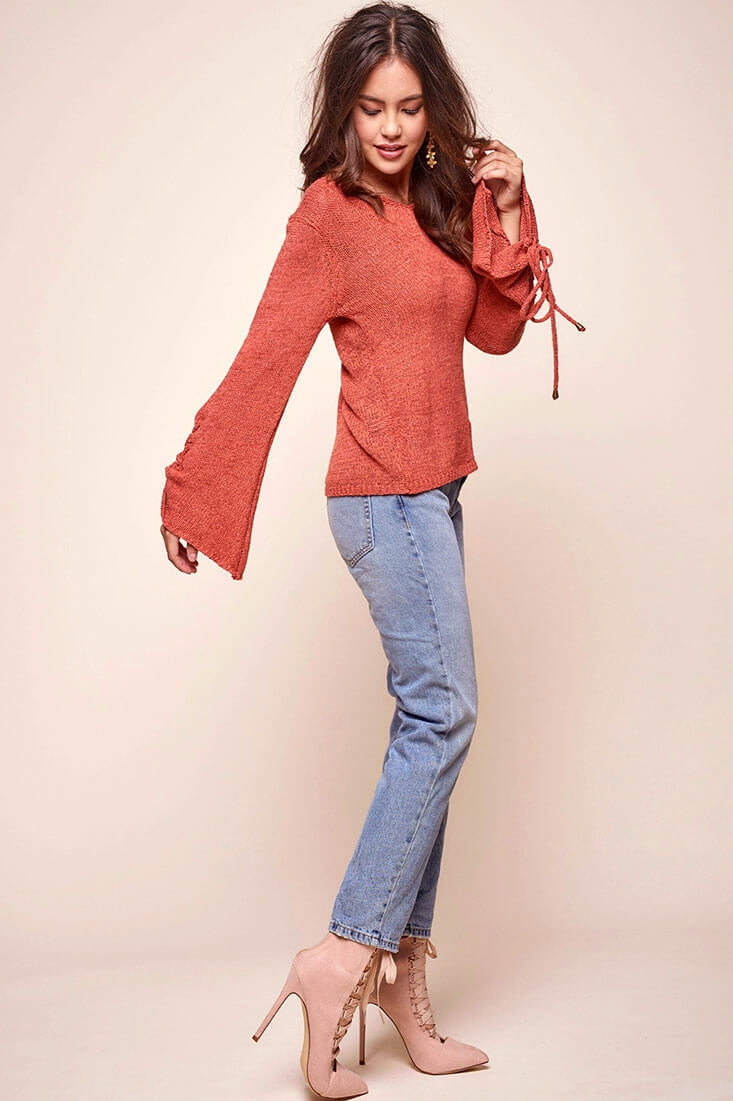 Cairo Knitted Long Tie Sleeved Top Rust by Selfie Leslie