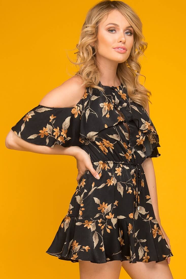 Camila Floral Off The Shoulder Romper Black by Selfie Leslie