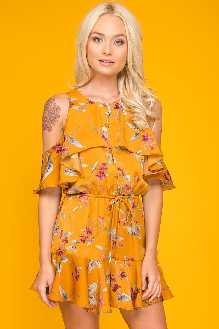 Camila Floral Off The Shoulder Romper Orange by Selfie Leslie