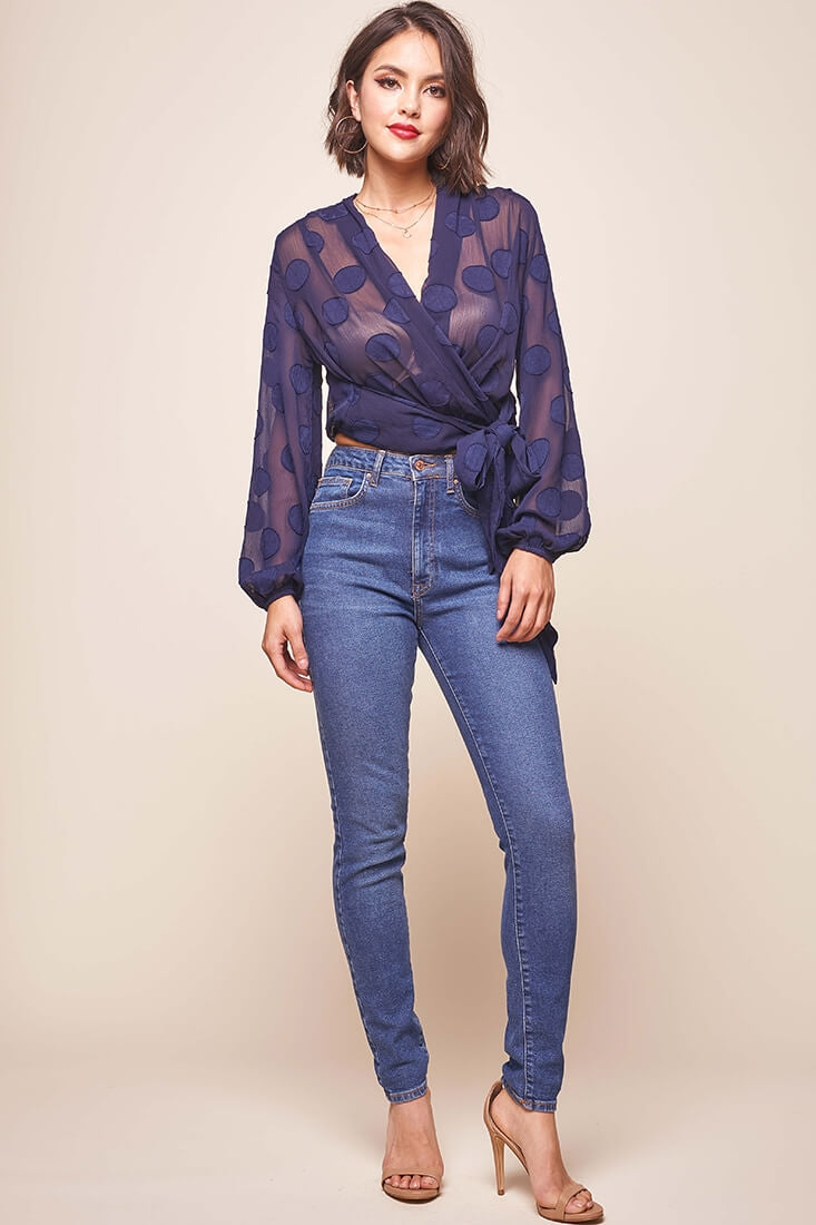 After Hours Sheer Wrap Blouse Navy by Selfie Leslie