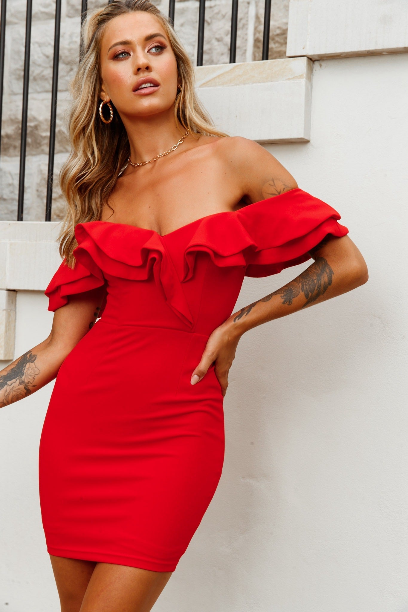 Rossi Off-Shoulder Double Ruffle Dress Red by Selfie Leslie