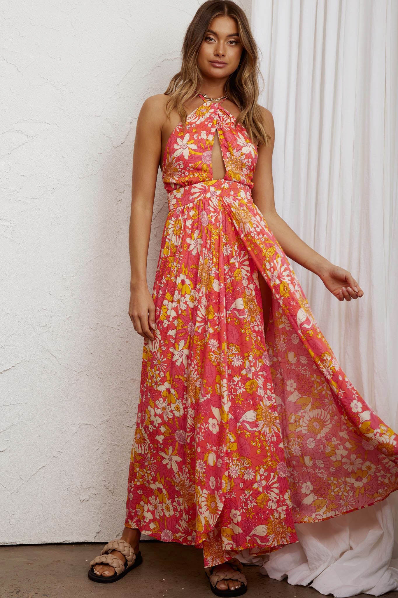 Athena High Split Maxi Dress Retro Floral Orange by Selfie Leslie Australia
