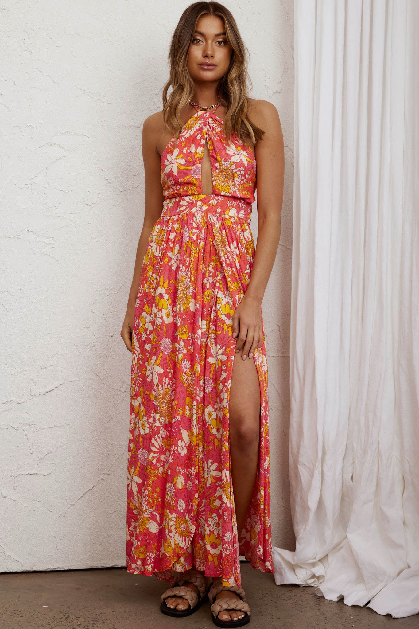 Athena High Split Maxi Dress Retro Floral Orange by Selfie Leslie Australia