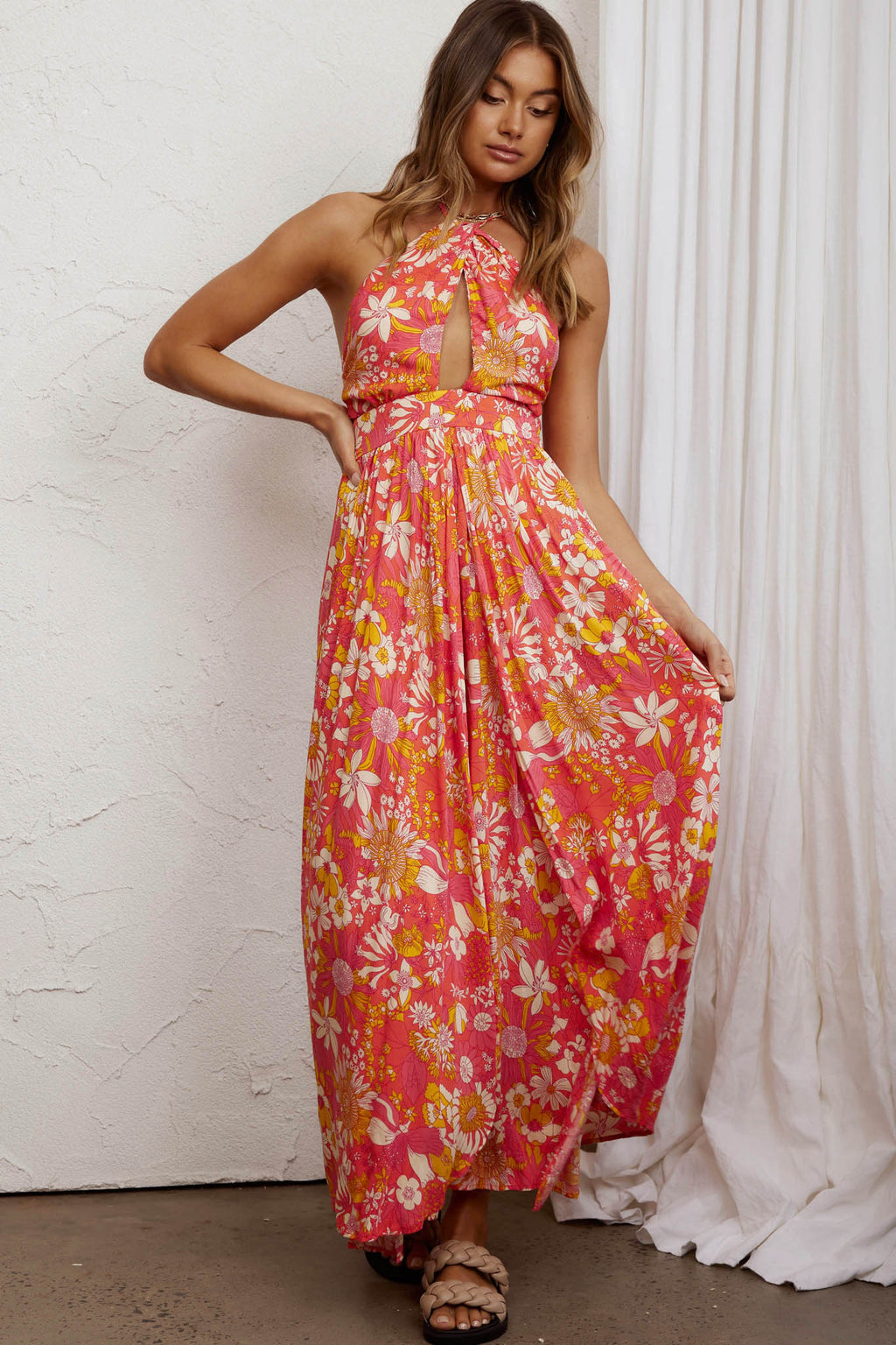 Athena High Split Maxi Dress Retro Floral Orange by Selfie Leslie Australia