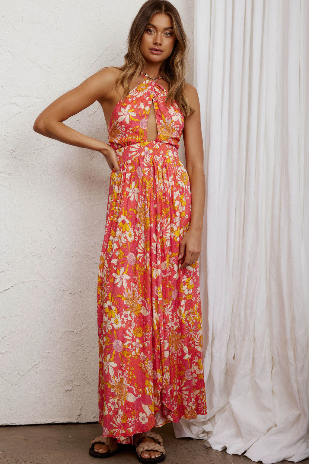 Athena High Split Maxi Dress Retro Floral Orange by Selfie Leslie Australia