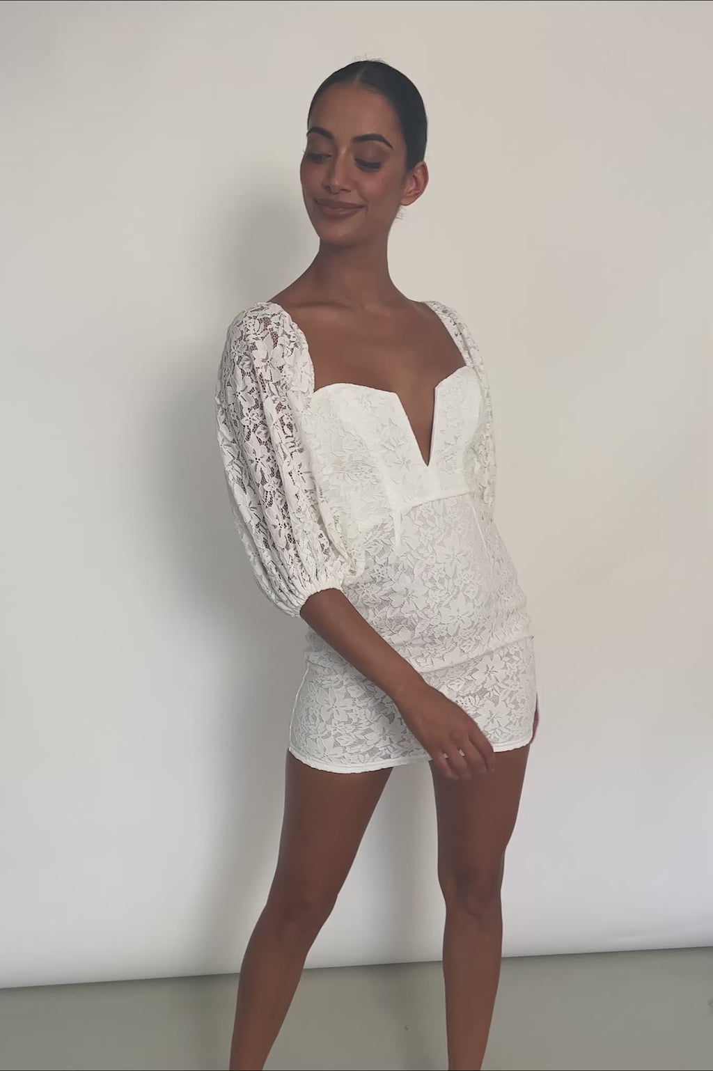Good Vibes Puff Sleeve Deep V-Neckline Lace Mini Dress White