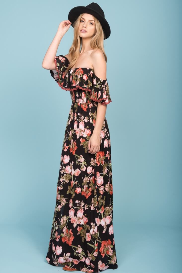 Tuscany Off The Shoulder Maxi Dress Black & Red by Selfie Leslie