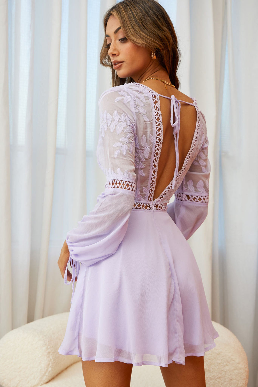 Carson Long Sleeve Crochet Embroidery Detail Dress Lilac by Selfie Leslie