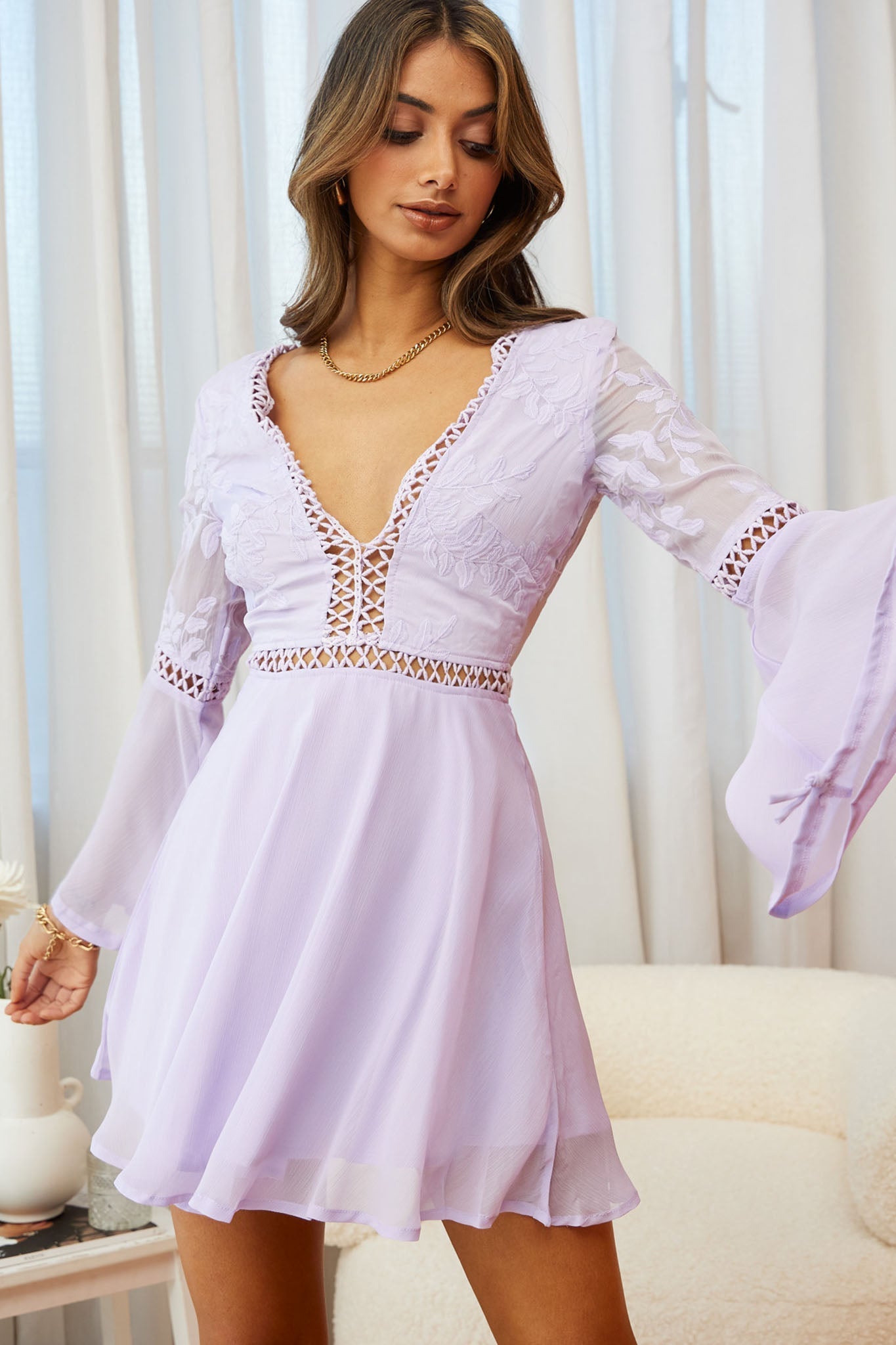 Carson Long Sleeve Crochet Embroidery Detail Dress Lilac by Selfie Leslie