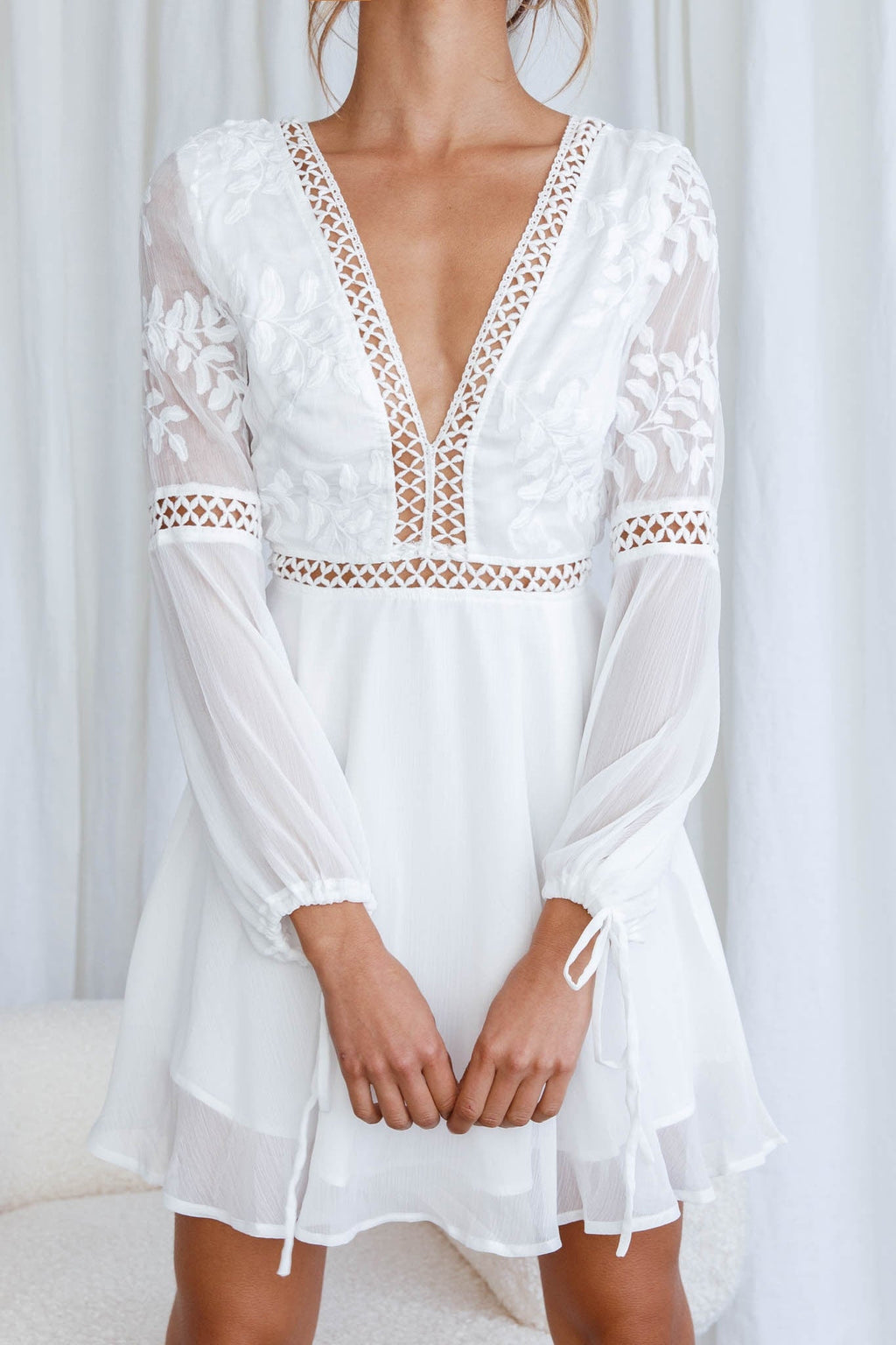 Carson Crochet Bell Sleeve Dress White by Selfie Leslie