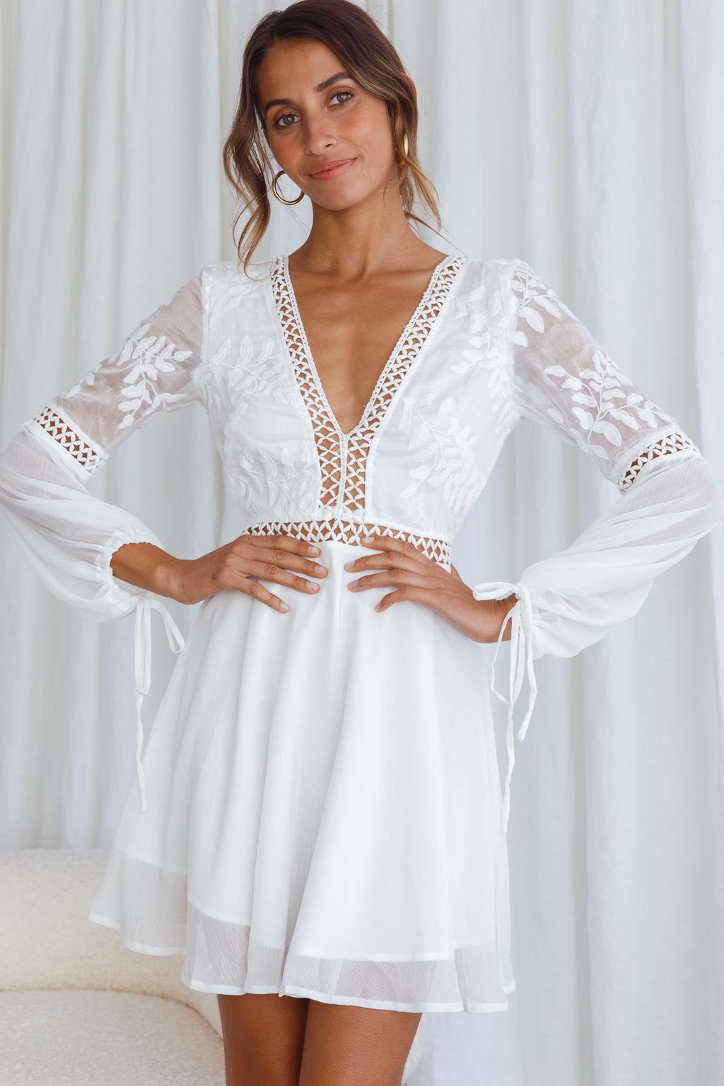 Carson Crochet Bell Sleeve Dress White by Selfie Leslie
