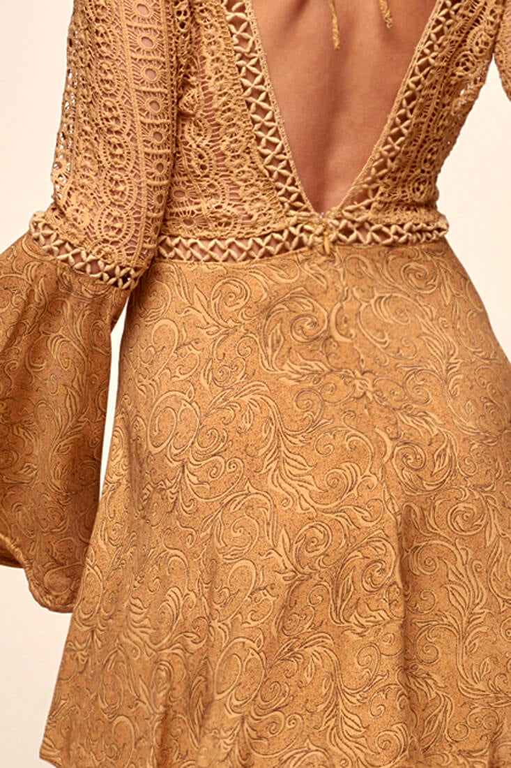 Carson Crochet Bell Sleeve Dress Tan by Selfie Leslie