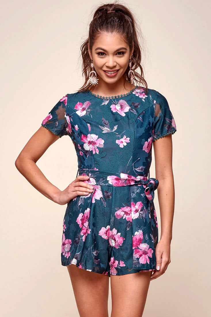 Dawson Floral Lace Back Romper Forest Green by Selfie Leslie