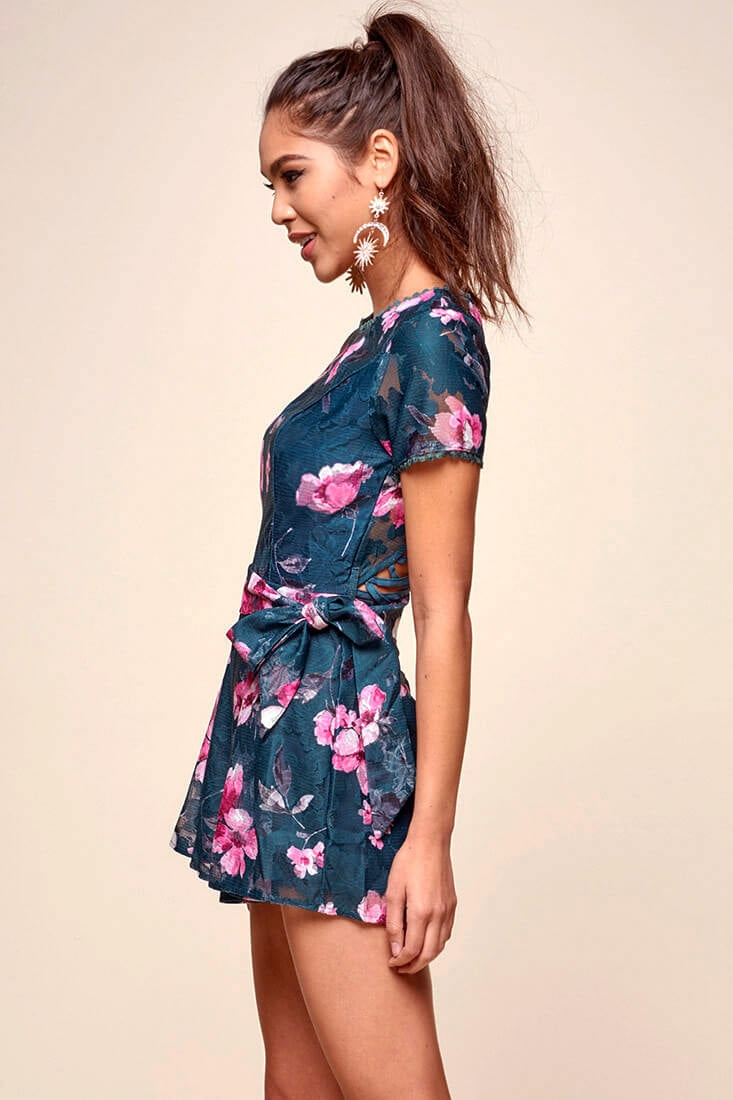 Dawson Floral Lace Back Romper Forest Green by Selfie Leslie