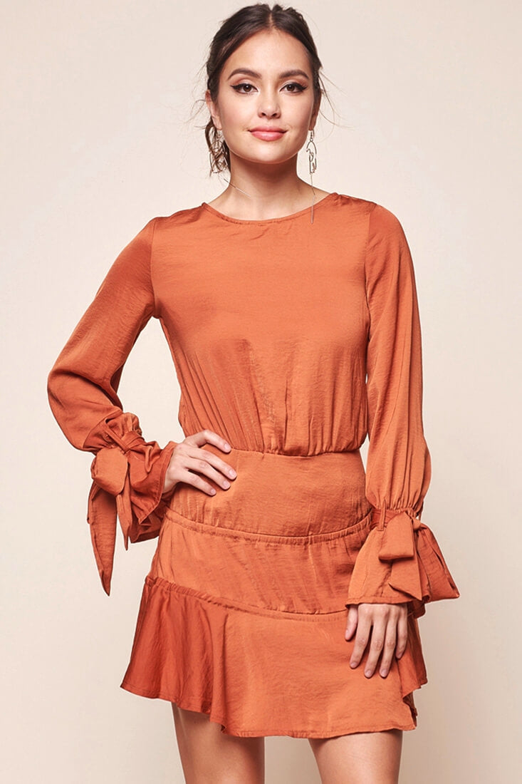 Amira Open Back Wrist Tie Fit and Flare Dress Copper by Selfie Leslie